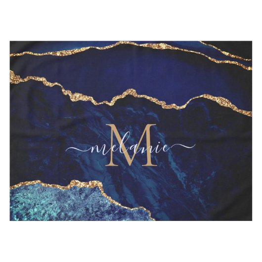 ネイビーブルー金ゴールド大理石名前をカスタムするテーブルクロス テーブルクロス (正面(横))