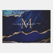 ネイビーブルー金ゴールド大理石名前をカスタムするラッピング紙 ラッピングペーパーシート (正面)