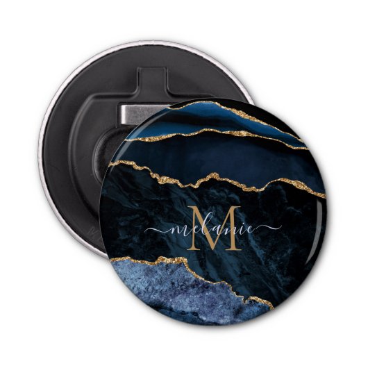 ネイビーブルー金ゴールド大理石名文字ボトルオープナー 栓抜き (正面)