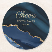 ネイビーブルー金ゴールド大理石瑪瑙ウェディングレセプション ラウンドペーパーコースター (正面)