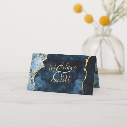 ネイビーブルー金ゴールド大理石瑪瑙シーティングテーブル番号 プレイスカード (裏面)