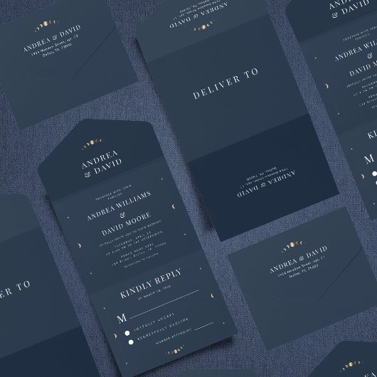 ネイビーブルー金ゴールド天月サイクル神秘結婚の オールインワン招待状