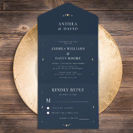 ネイビーブルー金ゴールド天月サイクル神秘結婚の オールインワン招待状