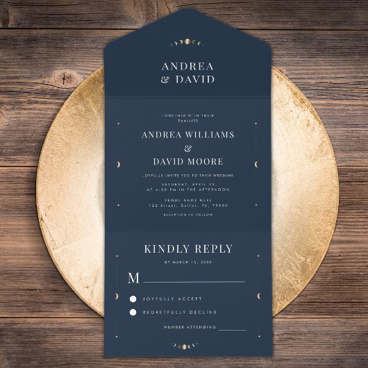 ネイビーブルー金ゴールド天月サイクル神秘結婚の オールインワン招待状