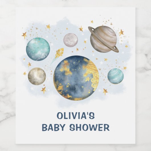 ネイビーブルー金ゴールド宇宙赤ちゃんシャワーの好意 ワインラベル (シングルラベル)
