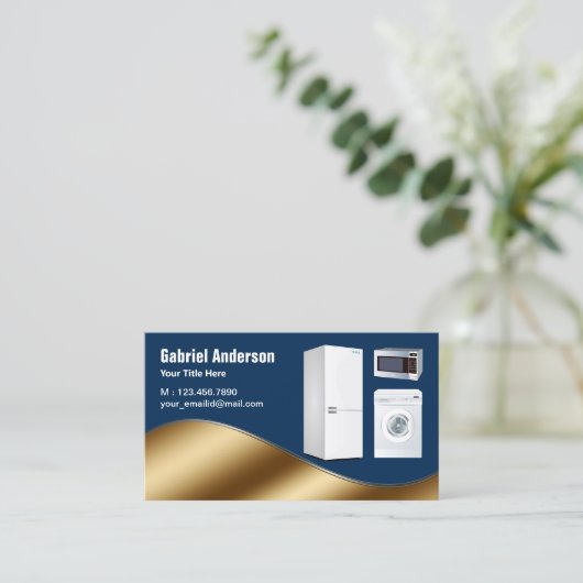 ネイビーブルー金ゴールド家電修理 名刺 (スタンド正面)