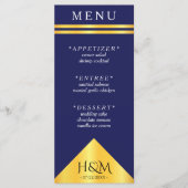 ネイビーブルー金ゴールド幾何ストライプ式ウェディングレセプション メニュー (正面)