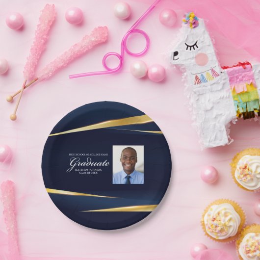 ネイビーブルー金ゴールド幾何写真卒業パーティー ペーパープレート (パーティー)