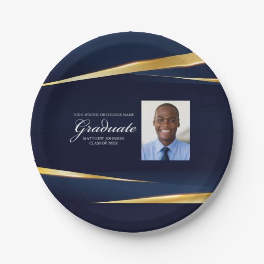 ネイビーブルー金ゴールド幾何写真卒業パーティー ペーパープレート (正面)