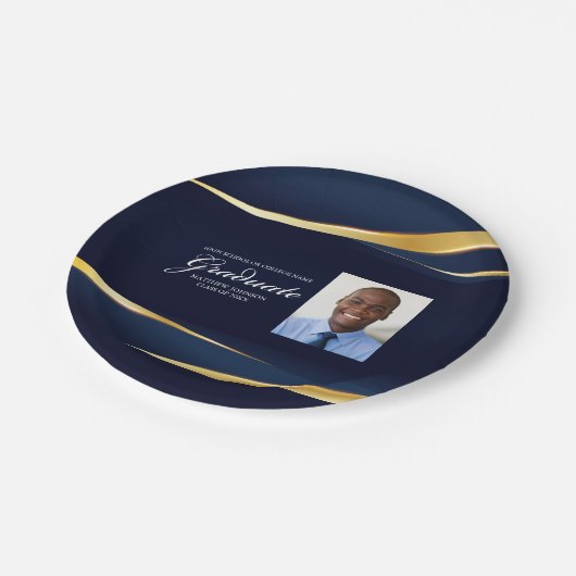 ネイビーブルー金ゴールド幾何写真卒業パーティー ペーパープレート (アングル)