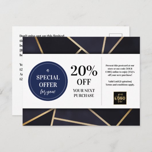 ネイビーブルー金ゴールド幾何学割引券 ポストカード (正面/裏面)