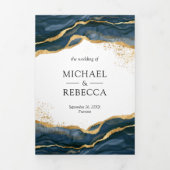 ネイビーブルー金ゴールド抽象芸術インクQRコード結婚ズ 三つ折り招待状 (カバー)