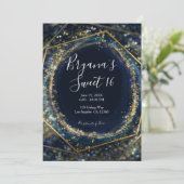 ネイビーブルー金ゴールド抽象芸術ライトジオメトリックスウィート16 招待状 (スタンド正面)