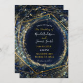ネイビーブルー金ゴールド抽象芸術ライトジオメトリック結婚ス 招待状 (正面/裏面)