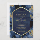 ネイビーブルー金ゴールド抽象芸術流体インクフォト結婚ズ 招待状 (正面)