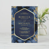 ネイビーブルー金ゴールド抽象芸術流体インクフォト結婚ズ 招待状 (スタンド正面)