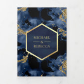 ネイビーブルー金ゴールド抽象芸術流体インクQRコード結婚ズ 三つ折り招待状 (カバー)