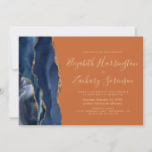 ネイビーブルー金ゴールド揚げオレンジQRコード結婚ズ 招待状 (正面)