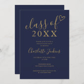 ネイビーブルー金ゴールド教科卒業パーティー 招待状 (正面/裏面)