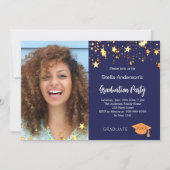 ネイビーブルー金ゴールド星写真卒業パーティー 招待状 (正面)