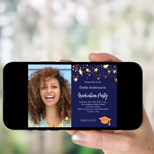 ネイビーブルー金ゴールド星写真卒業パーティー 招待状