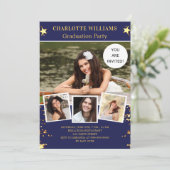 ネイビーブルー金ゴールド星写真卒業パーティー 招待状 (スタンド正面)