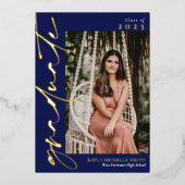 ネイビーブルー金ゴールド書道写真卒業 箔招待状 (正面)