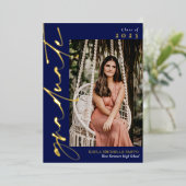 ネイビーブルー金ゴールド書道写真卒業 箔招待状 (立ち正面)