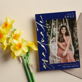 ネイビーブルー金ゴールド書道写真卒業 箔招待状