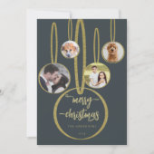 ネイビーブルー金ゴールド書道家族フォトクリスマス シーズンカード (正面)