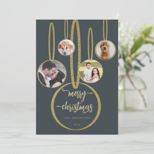 ネイビーブルー金ゴールド書道家族フォトクリスマス シーズンカード (スタンド正面)