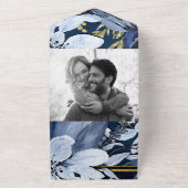 ネイビーブルー金ゴールド水彩フローラ結婚の写真 オールインワン招待状 (外側)