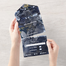 ネイビーブルー金ゴールド水彩フローラ結婚の写真