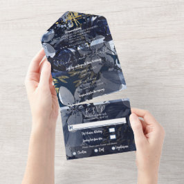 ネイビーブルー金ゴールド水彩フローラ結婚の写真 オールインワン招待状