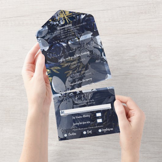 ネイビーブルー金ゴールド水彩フローラ結婚の写真 オールインワン招待状 (貼ってはがせる)