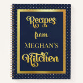 ネイビーブルー金ゴールド水玉模様グリッターレシピノート ノートブック (正面)