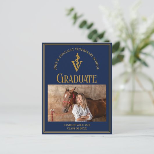 ネイビーブルー金ゴールド獣医学校写真卒業 案内ポストカード (スタンド正面)