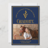 ネイビーブルー金ゴールド獣医学校写真卒業 案内状 (正面)