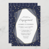 ネイビーブルー金ゴールド紙吹雪ジオメトリ婚約パーティ 招待状 (正面/裏面)