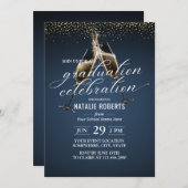 ネイビーブルー金ゴールド紙吹雪応援卒業 招待状 (正面/裏面)