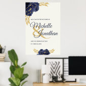 ネイビーブルー金ゴールド結婚フローラのウェルカムサイン24x36 ポスター (ホームオフィス)