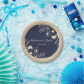 ネイビーブルー金ゴールド結婚フローラ ペーパープレート (パーティー)