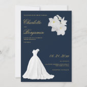 ネイビーブルー金ゴールド結婚ホワイトレース結婚の 招待状 (正面)