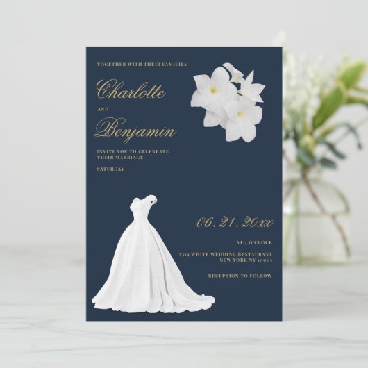 ネイビーブルー金ゴールド結婚ホワイトレース結婚の 招待状 (スタンド正面)