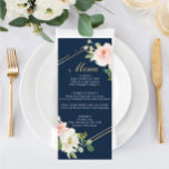 ネイビーブルー金ゴールド結婚赤面のメニュー メニュー<br><div class="desc">これらの素敵なカードに美味しいメニューを表示する – 各プレートに配置するのに最適なサイズ！このデザインは、美しいスクリプトフォントと美しい花束を備えている。食品アイテムを簡単に編集！</div>