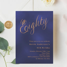 ネイビーブルー金ゴールド脚本80歳の誕生日 招待状