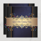 ネイビーブルー金ゴールド花女性30歳 招待状 (正面/裏面)