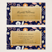 ネイビーブルー金ゴールド花模様スタイリスト名刺 (正面&裏面)