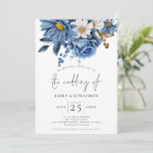 ネイビーブルー金ゴールド花模様QRコー結婚ド 招待状 (スタンド正面)