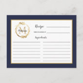 ネイビーブルー金ゴールド葉モノグラムレシピカード ポストカード (正面)